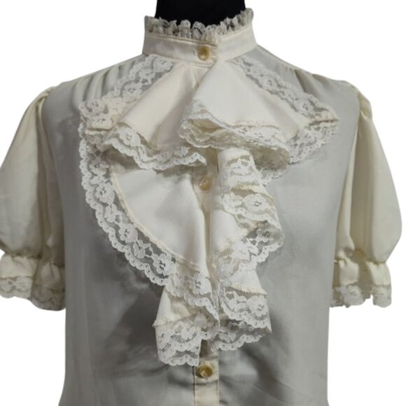 Vintage Brian Michele Puff Sleeve Ruffle Tuxedo Button Down Ivory Petite - Picture 4 of 13